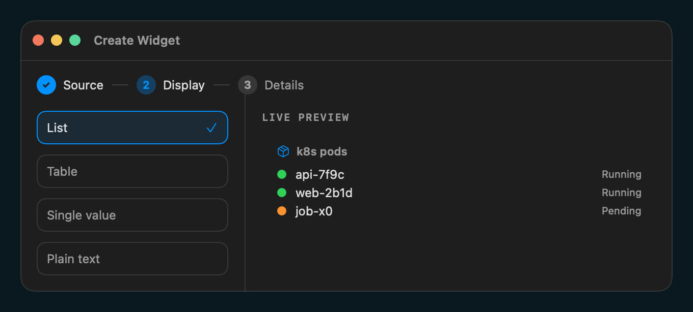 BarShelf widget builder with source, display, and details steps