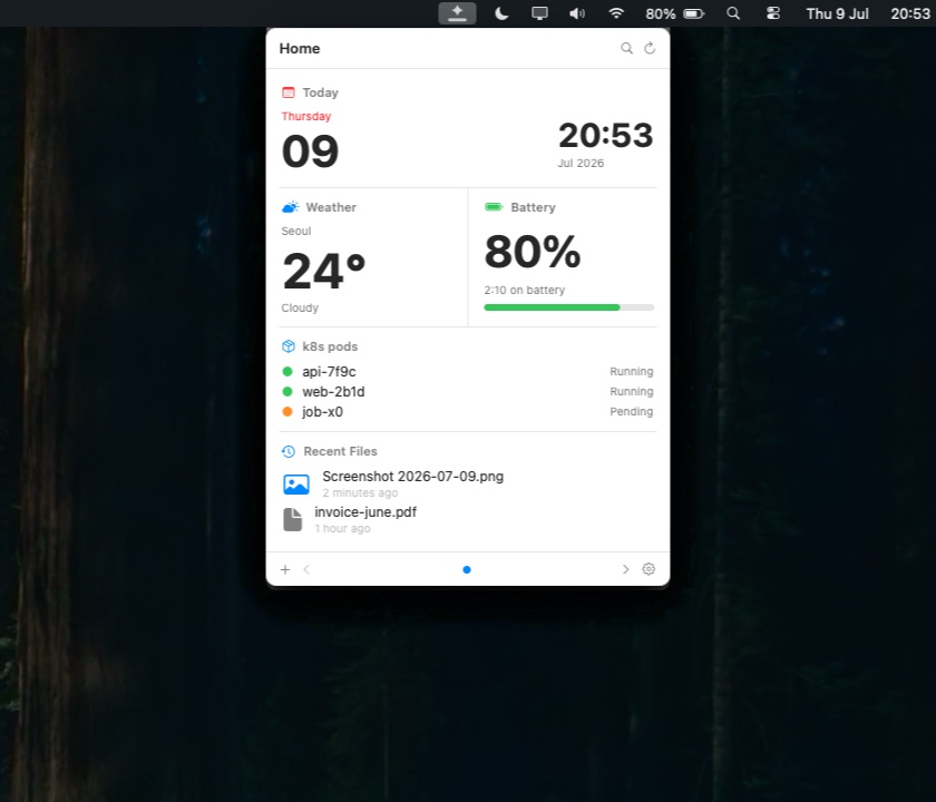 BarShelf popover with multiple widgets arranged in one shelf