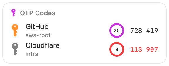 OTP Codes widget with countdown rings, real render
